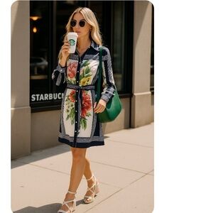Vici - Duster/Kimono Or Dress With Belt - Flowers & Abstract Pattern